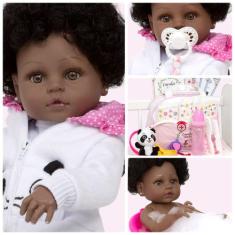 Boneca Estilo Reborn Pretinha Roupa Panda Baby Luxo Acessórios - Cegon