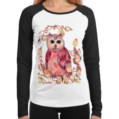 Baby Look Raglan Coruja e Folhas Manga Longa - Foca na Moda, Branco, P
