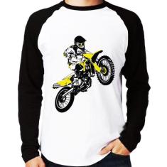 Camiseta Raglan Motocross Jump Manga Longa - Foca na Moda, Branco, Pre