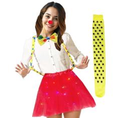 Kit Fantasia Palhaça Adulto: Saia Tutu Led + Suspensório + Gravata + Nariz + Meia 7/8 Colorida Bolinha = 5 Produtos