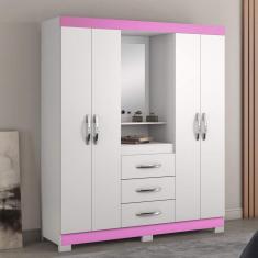 Guarda Roupa Casal com Espelho 4 Portas 3 Gavetas e Nicho Capelinha Notável Móveis Branco New/Rosa