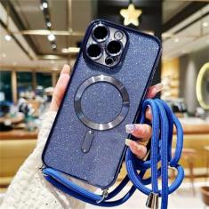 Capa magnética com cordão crossbody brilhante para iPhone 15 14 Plus 13 12 11 Pro Max capa traseira de TPU macio galvanizado, azul marinho, para iphone 15 Plus