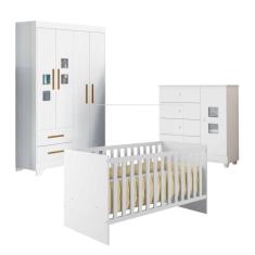 Quarto de Bebê com Berço Life, Cômoda 1 Porta 4 Gavetas Life e Guarda Roupa 4 Portas 2 Gavetas Fly Branco
