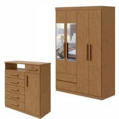 Conjunto de Guarda-Roupa 4 Portas com Espelho Zeus e Cômoda Da Vinci Amêndoa Clean