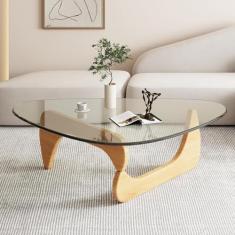 Mesa de centro moderna de meados do século – mesa de centro triangular com base de madeira natural com tampo de vidro triangular para sala de estar, pátio, escritório, mesas de canto abstratas