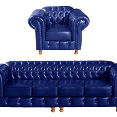 Conjunto De Sofá 4 Lugares E 1 Poltrona Chesterfield Luís XV Azul