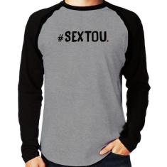 Camiseta Raglan Sextou Hashtag Manga Longa - Foca na Moda, Cinza, Pret