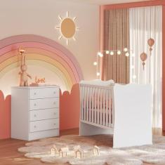 Quarto de Bebê Doce Sonho com Cômoda 777 e Berço Simples 1 Qmovi Branco
