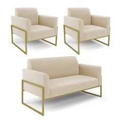 Sofá Namoradeira com 2 Poltronas Base Industrial Alta Dourado Marisa Suede D03 - D'Rossi