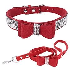Coleira de couro com strass para cães e gatos com gravata borboleta brilhantes diamantes de cristal para cães pequenos, médios e grandes