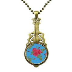 Colar vermelho azul com desenho de plantas de arte em formato de violão antigo com pingente de música