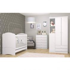 Quarto de Bebê com Guarda-roupa 3 Portas Cômoda e Berço 3 em 1 com Colchão Espresso Móveis Branco