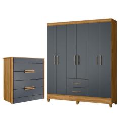 Kit Guarda Roupa Casal Panamá E Cômoda Dhara - Freijó / Cinza