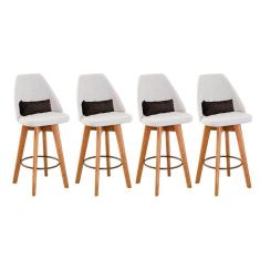 Kit 04 Banquetas Linho Bege E Almofada Suede Marrom