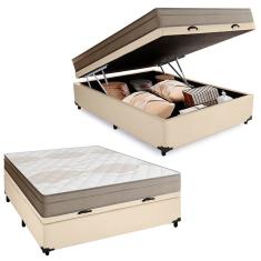 Cama Box Baú Casal Sintético + Colchão De Molas Ensacadas Portobel Ipanema - 138x188x66cm Bege