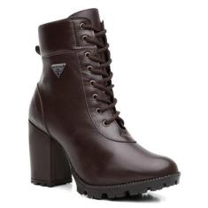 Bota Coturno Feminina Couro Cadarço Cano Médio Macia Casual-Feminino