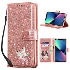 UEEBAI Capa carteira para iPhone 15, capa de telefone de couro PU com glitter, compartimentos para cartões, fecho magnético, capa flip brilhante à prova de choque, alça de mão, capa flip - ouro rosa