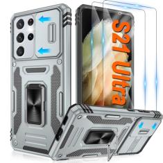 ATUMP Capa para Samsung Galaxy S21 Ultra com [2 unidades] protetor de tela HD com capa deslizante para câmera, anel de rotação de 360° com suporte [grau militar] capa protetora à prova de choque para