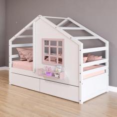 Cama Casinha Com Janela E 02 Gavetas Madeira Maciça Branco/ Rosa Housi