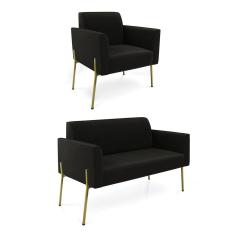 Sofá Namoradeira e Poltrona Pé de Ferro Dourado Marisa Suede Preto D03 - D`Rossi