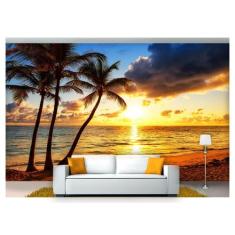 Papel De Parede Praia Mar Por Do Sol Coqueiro Npr220 - Você Decora