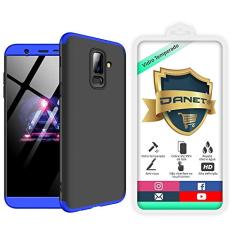 Kit Capa Capinha Anti Impacto 360 Para Samsung Galaxy J8 Com Tela 6.0" - Case Acrílica Fosca E Acabamento Macio Com Película De Vidro Temperado - Danet (Preto com azul)