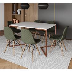 Mesa Industrial Retangular Branca Base V Cobre 137x90cm com 6 Cadeiras Madeira Estofadas Verdes