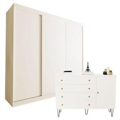 Conjunto Guarda-Roupa Casal 3 Portas de Correr e Cômoda 1 Porta 4 Gavetas Branco