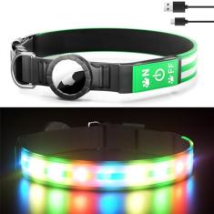 Coleira para cães AirTag, leve, com suporte para AirTag, recarregável de LED, coleira para cães para caminhadas noturnas, ajustável, para cães, ao ar livre, impermeável, coleira verde