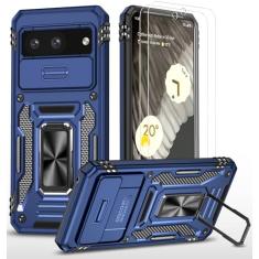 Ezanmull Capa para celular Google Pixel 8A com capa de câmera deslizante + protetor de tela (2 pacotes), suporte de anel rotacionado, capa protetora à prova de choque de grau militar para Google Pixel