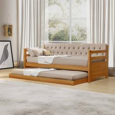 Sofá Cama Solteiro Verona Imbuia Estofado Capitonê Veludo Bege Com Cama Auxiliar