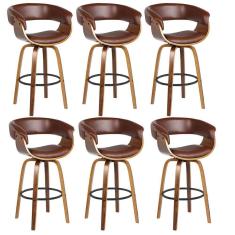 Kit 6 Banquetas Giratória Alta Com Encosto Base Madeira Ravi R02 Sintético Marrom - Mpozenato