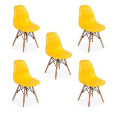 Conjunto 5 Cadeiras Dkr Charles Eames Wood Estofada Botonê - Amarela -