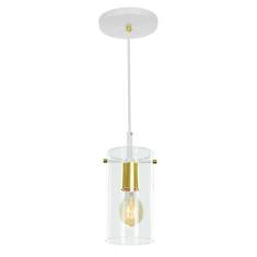 Lustre Pendente Cilindrico Clear Glass Branco Com Dourado - MARRYLUZ