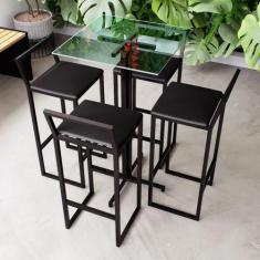Conjunto Mesa Alta Bar Bistrô Quadrada Vidro 4 Banquetas Confort Estof