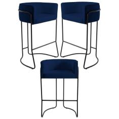 Kit 3 Banquetas Base Aço Preto Betina B-304 Veludo Azul Marinho - Domi