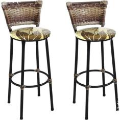 Kit 2 Banquetas Médias Preta com Encosto Junco Capuccino Assento Flora