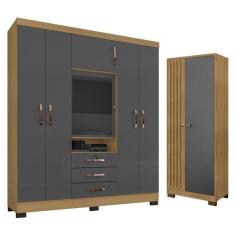 Guarda Roupa Casal Imperial Com Armário Multiuso Versátile Carvalho Americano Grafite – Incorplac