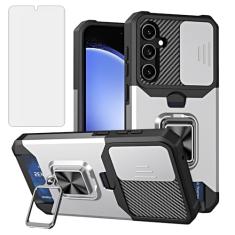 Asuwish Capa de telefone para Samsung Galaxy S24 5G com capa de câmera deslizante e protetor de tela de vidro temperado suporte de cartão de crédito anel rígido acessórios de celular híbrido S 24 24S