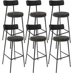 Kit 06 Banquetas Alta Bar Cozinha Sala De Jantar Milão L02 Couríssimo Preto Linho Chumbo