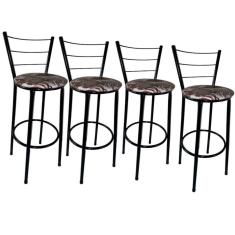 Kit 4 Banquetas Altas Preta com Encosto Assento Floral Marrom