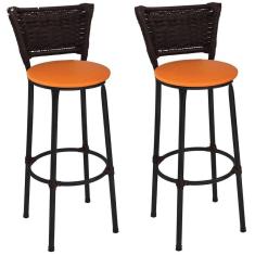 Kit 2 Banquetas Altas Preta com Encosto Junco Argila Assento Laranja