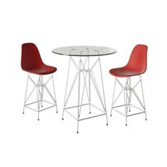 Jogo Mesa Bistrô Eames Vidro 60Cm 2 Banquetas Vermelha Base Ferro Bran
