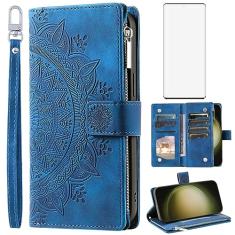 Asuwish Capa de celular para Samsung Galaxy S23 Ultra 5G Capa carteira com protetor de tela de vidro temperado e porta-cartões com zíper de flor de mandala S23Ultra 23S S 23 23Ultra 6,8 polegadas