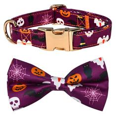 Coleira de cachorro com gravata borboleta para cães de Halloween, fantasmas, gatos pretos e abóboras, gravata borboleta removível, coleira ajustável para cães pequenos, médios e grandes.