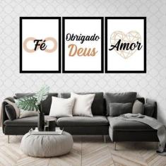 Kit 03 Quadros Decorativos Fé Obrigado Deus Marrom - Quadros On-Line