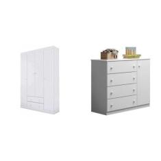 Quarto Infantil Guarda Roupa 4 Portas e Cômoda Helena Branco