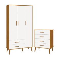 Jogo De Quarto Infantil Isis Guarda Roupa 3 Portas E Cômoda 4 Gavetas Branco Savana - Reller Móveis Branco Savana