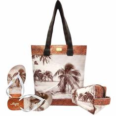 Kit Praia Feminino Coqueiros Marrom com Bolsa, Necessaire e Chinelo, Magicc KIT-051