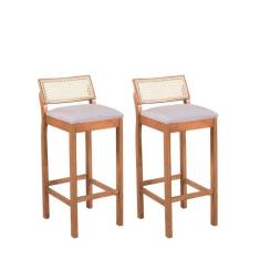 2 Banquetas Helena Em Madeira Maciça E Encosto Tela Natural Bege